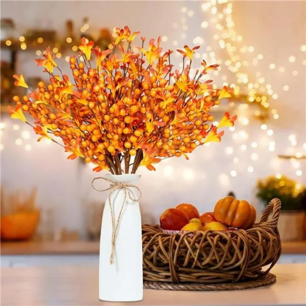 8pcs artificial fall flowers orange berry stems thanksgiving autumn vase centerp